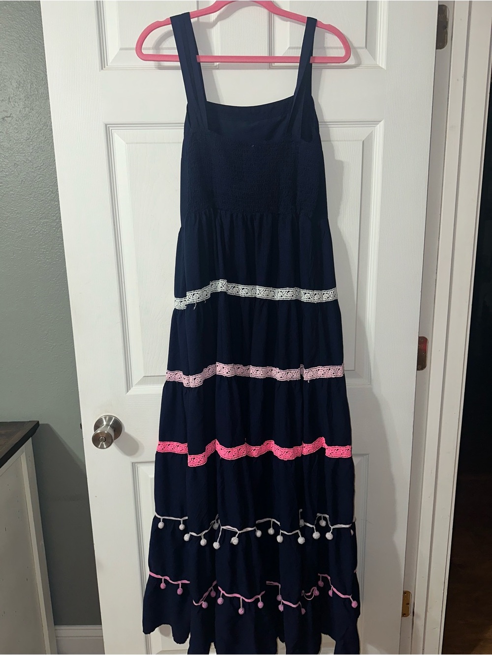 Women’s Crown and Ivy Navy Tiered Maxi Dress with Pink & White Trim